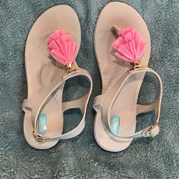 Oka B tan T-strap sandals with pink tassels, Size 9 - Picture 2 of 6
